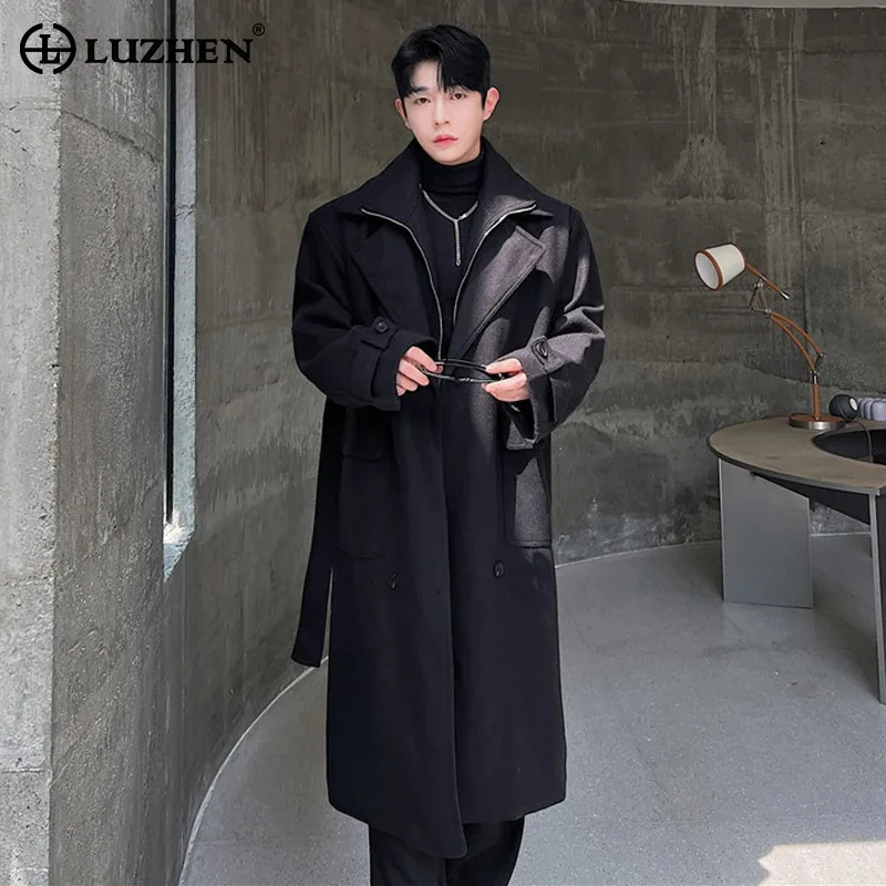 

LUZHEN 2025 Новый модный однотонный высококачественный элегантный шерстяной ветровка длиной до колена, мужской модный красивый плащ JY5137