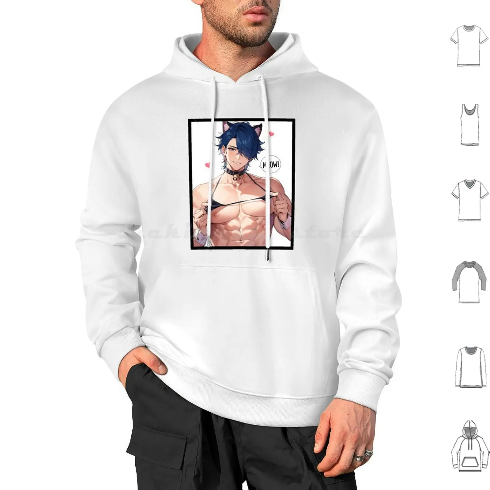 Meow Bara Tiddies ( White ) Hoodies Long Sleeve Bara Yaoi Anime Manga Gym Art Queer Art Muscle Bottom Kink Kinky Pervert