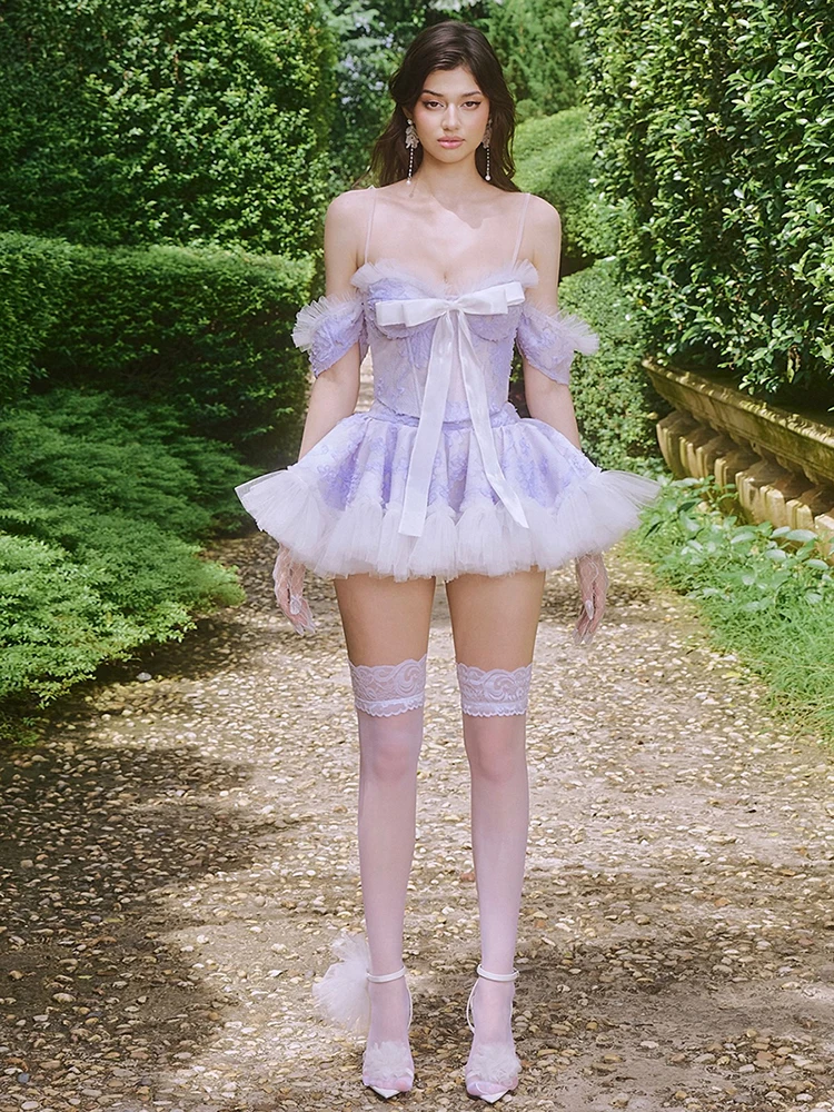 

Комплект из 2 предметов для вечеринок и выпускных вечеров Whatiwear: сексуальный топ с бантом и вырезом-лодочкой + многоярусная пышная юбка с сетчатыми вставками, шикарный дизайн