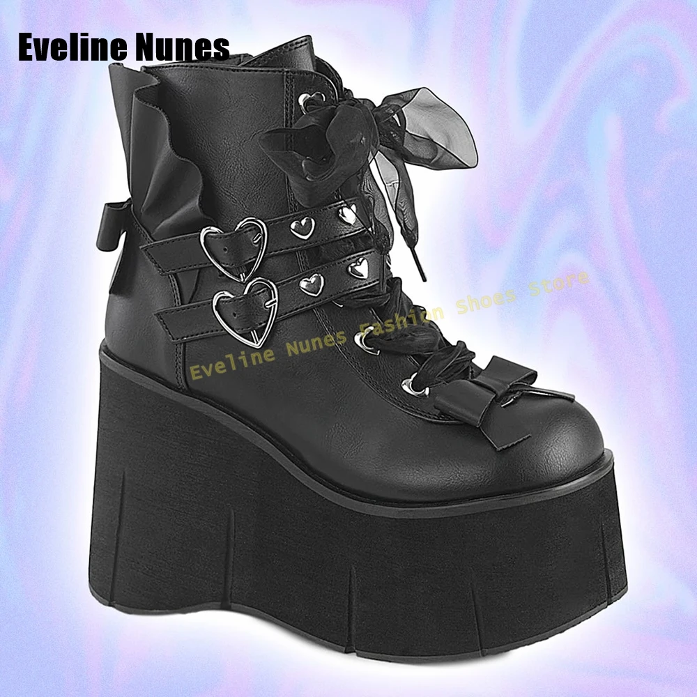 

Ботильоны с металлической пряжкой в форме сердца, круглый носок, танкетка, оборки, шнуровка, бант, Y2K, женские ботинки до середины икры, стиль субкультуры 2025 г.