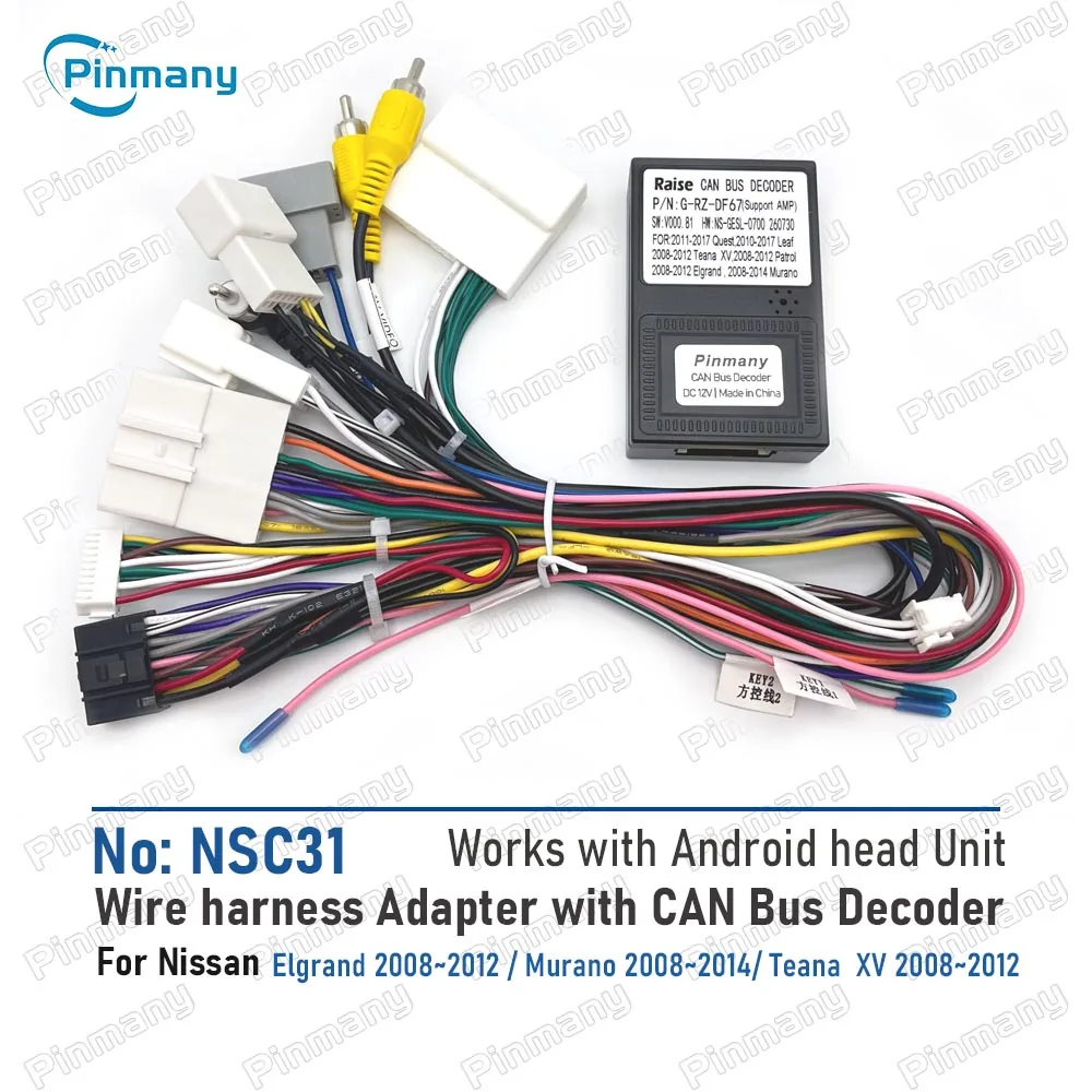 Pinmany NSC31 Car Radio Cable Wiring Harness Adapter with RAISE CAN BUS Decoder for Nissan Elgrand Murano Teana XV