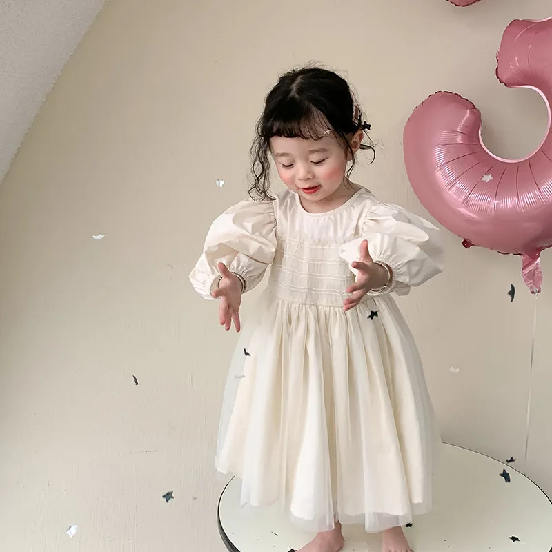 

2022 Spring New Korean Style Baby Girls Princess Dresses Puff Sleeve Solid Color Ball Gown Toddlers Kids Party Dress