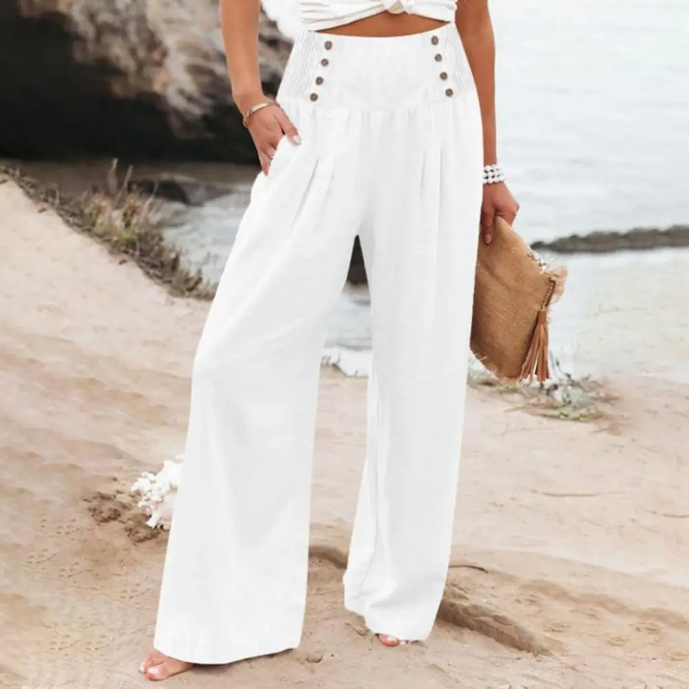 New loose fitting high waisted button cotton and linen pants from Europe and America, cropped pants, wide leg women's pants