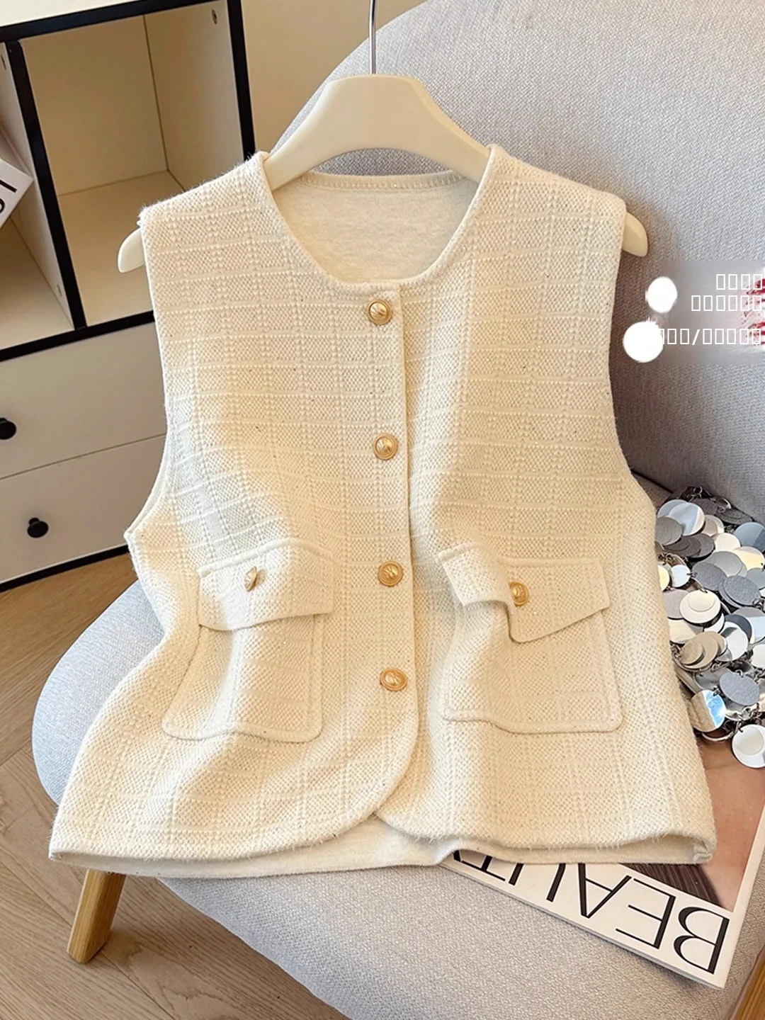 

round Ne Fce Lined Vest ort Outerwear Women's Sle Winter Faionable Svel Layering Top Button Decor
