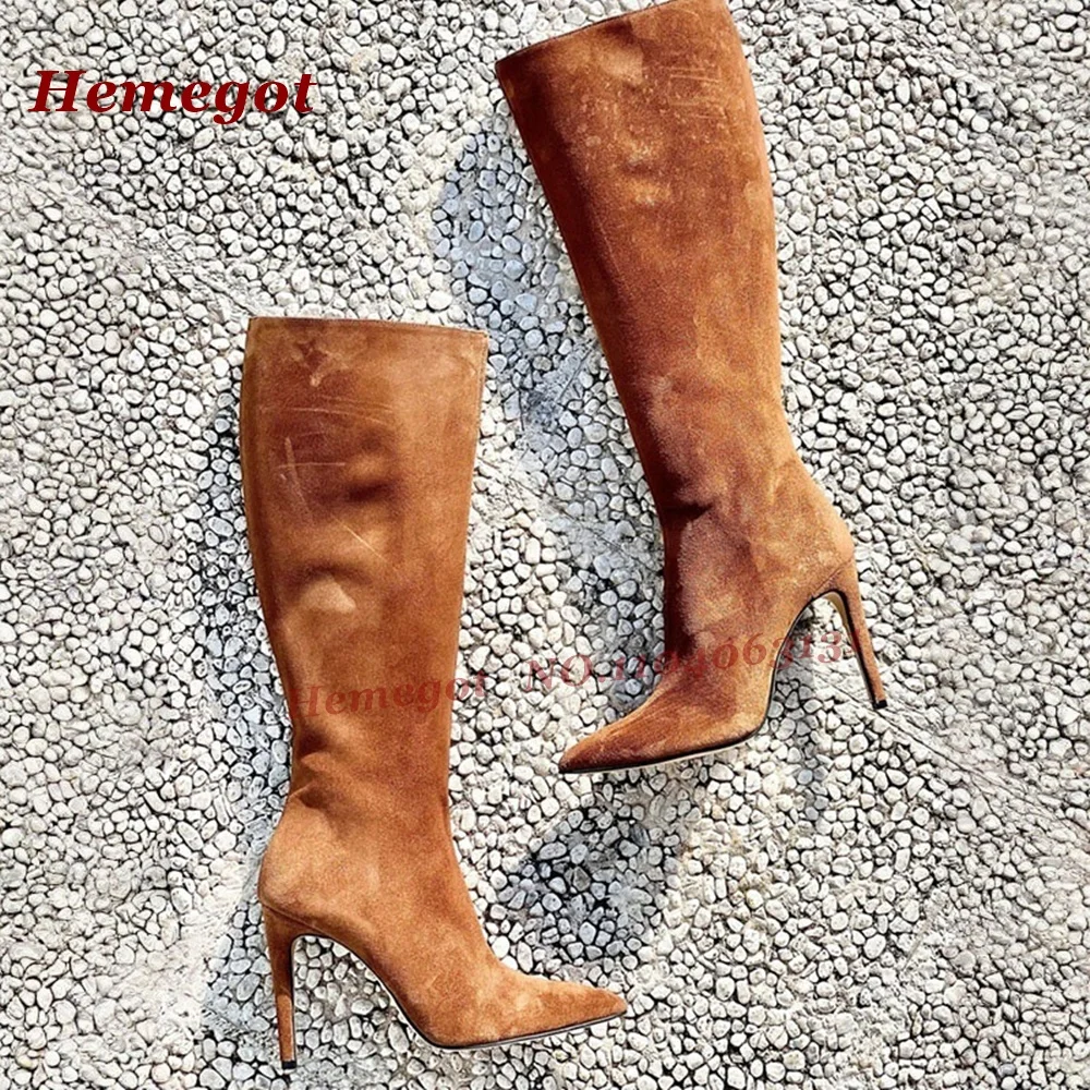 

Коричневые замшевые сапоги до колена с острым носком, на шпильке, женские высокие сапоги на тонком высоком каблуке, однотонные, зимние повседневные туфли, лаконичные, новинка 2026 года