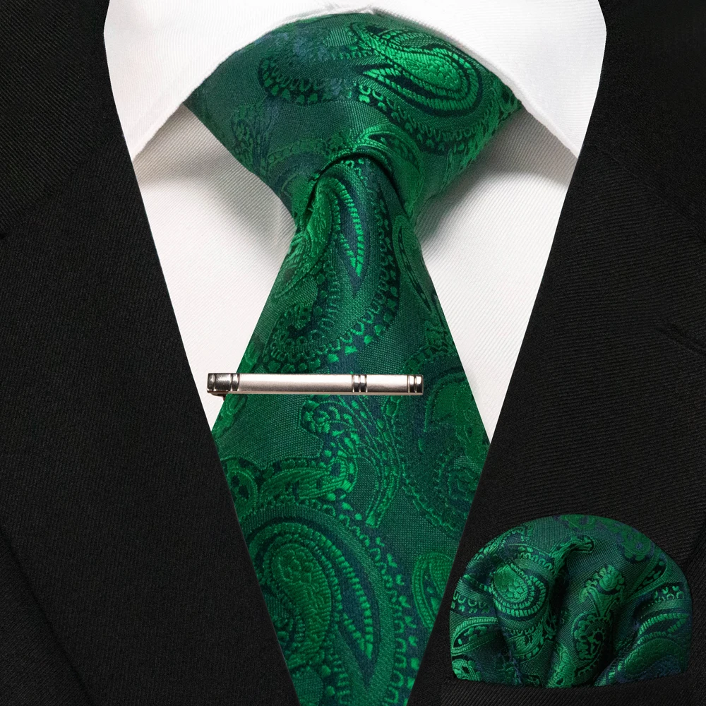 JEMYGINS Business-Krawatte für Herren, Seidenkrawatte in Marineblau, gestreifte Paisley-Krawatte, Einstecktuch, Krawattenklammern, Set für Hochzeit, Party, Geschenk – Detail 2