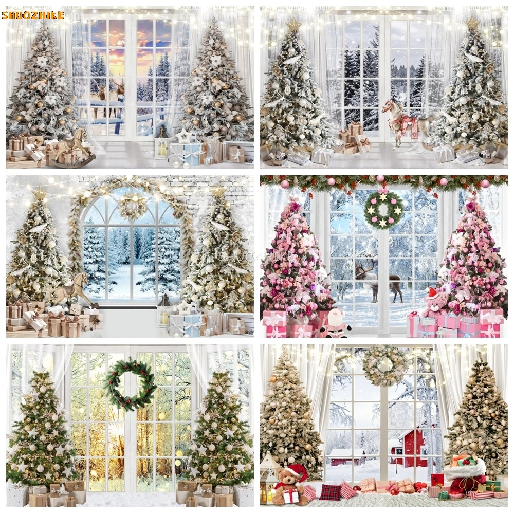 

Winter Christmas Backdrop White Wood Window Snow Forest Scene Xmas Tree Gift Fireplace Family Party Photography Background Decor