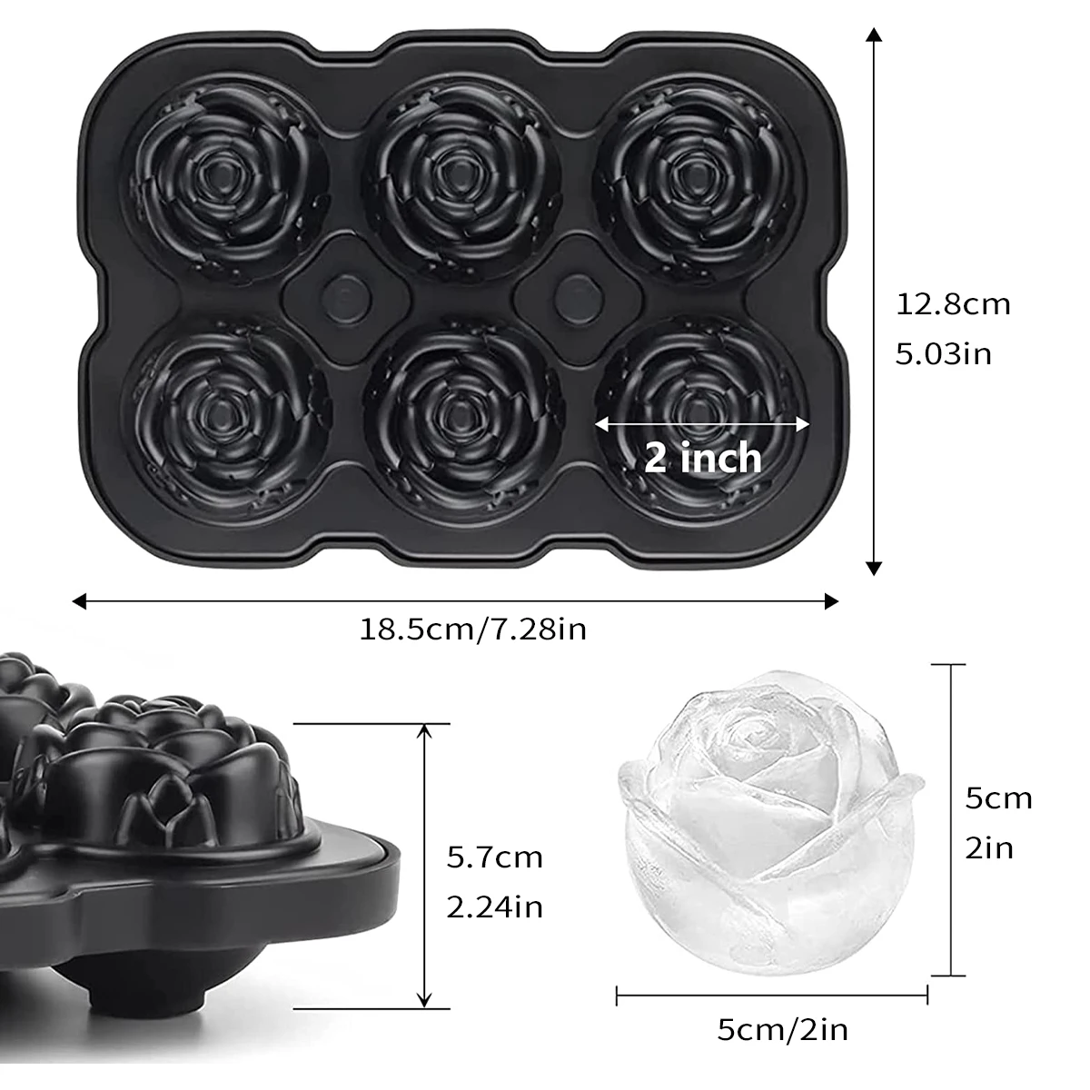 Leeseph Ice Cube Tray, Rose Ice Cube Trays With Covers, 6 Cavity Silicone Rose Ice Ball Mold for Whiskey, Juice