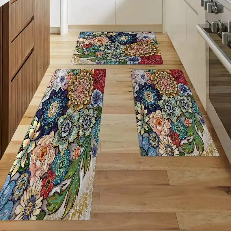 Bohemian Retro Style Colorful Flowers Kitchen Non-slip Waterproof Cushion Anti-fatigue Crystal Velvet Doormat