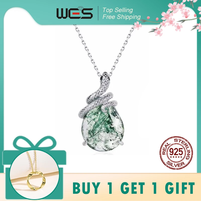 

WES 100% 925 Silver Snake Natural 10*13mm Moss Agate Pendant Necklace for Women Engagement Animal Forest Jewelry Gift Wholesale