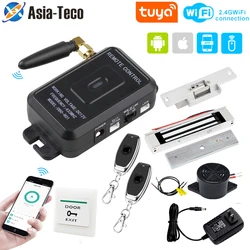 WiFi Tuya APP Door Remote Access Control System Kit Keyless Entry 433M Remote Control with Power Adapter Exit Button Magnet Lock