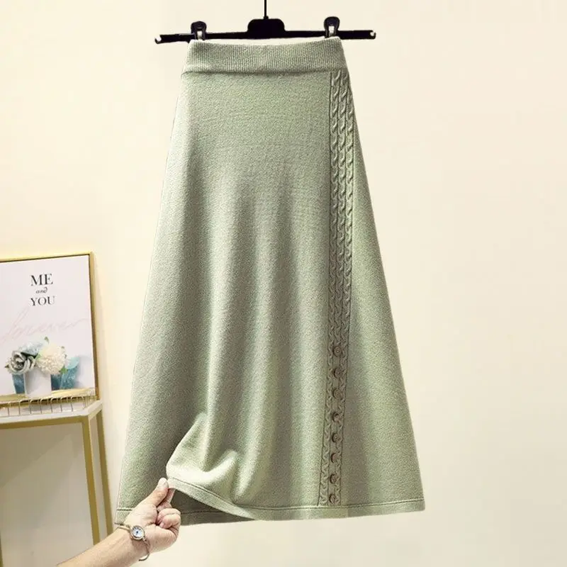 

Women Autumn Winter Elegant Temperament Solid Color Knitting Skirt Ladies Simplicity Casual All-match High Waist A-line Skirt