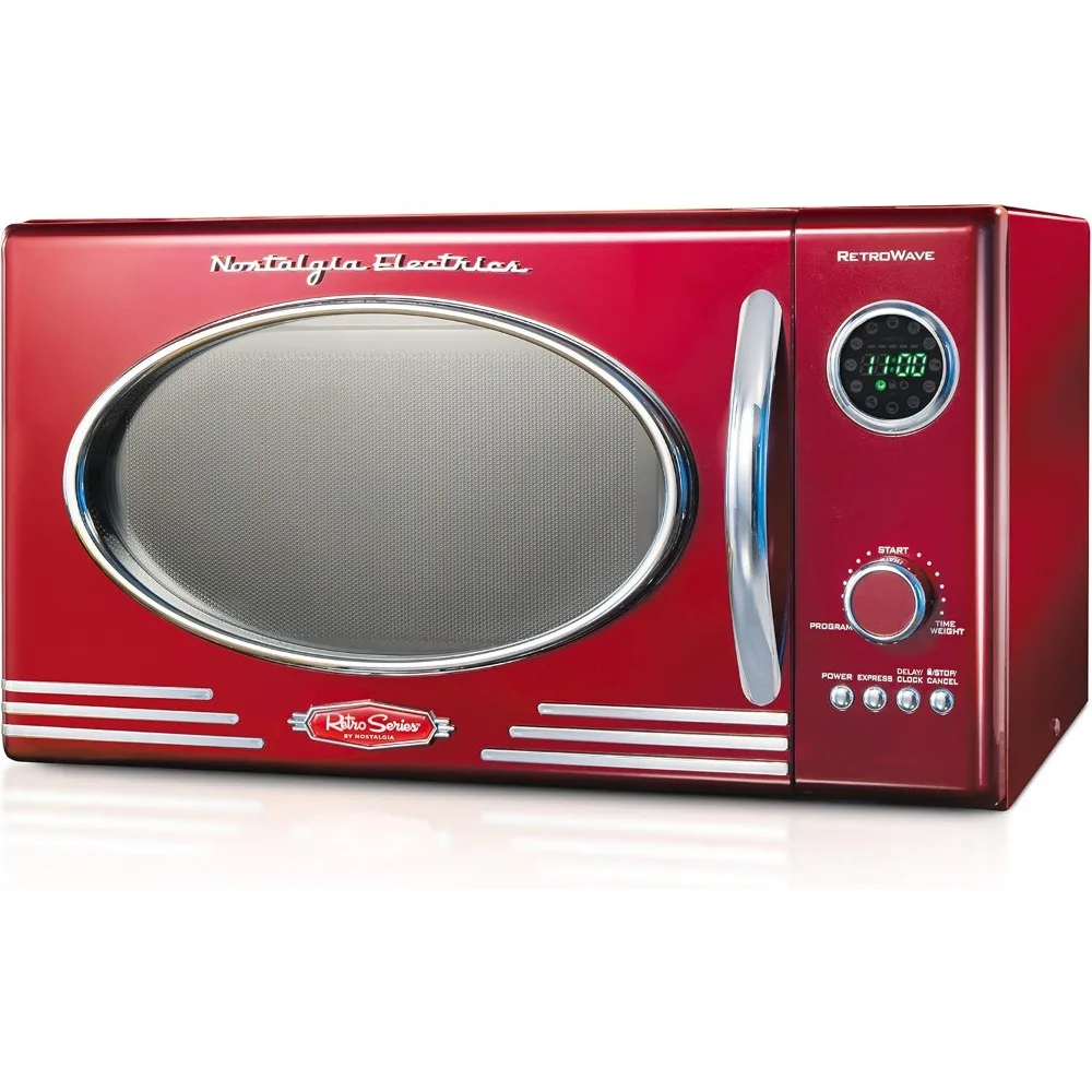 Retro Large 0.9 cu ft Countertop Microwave Oven, 12 Pre-Programmed Cooking Settings, Digital Clock,Metallic Red