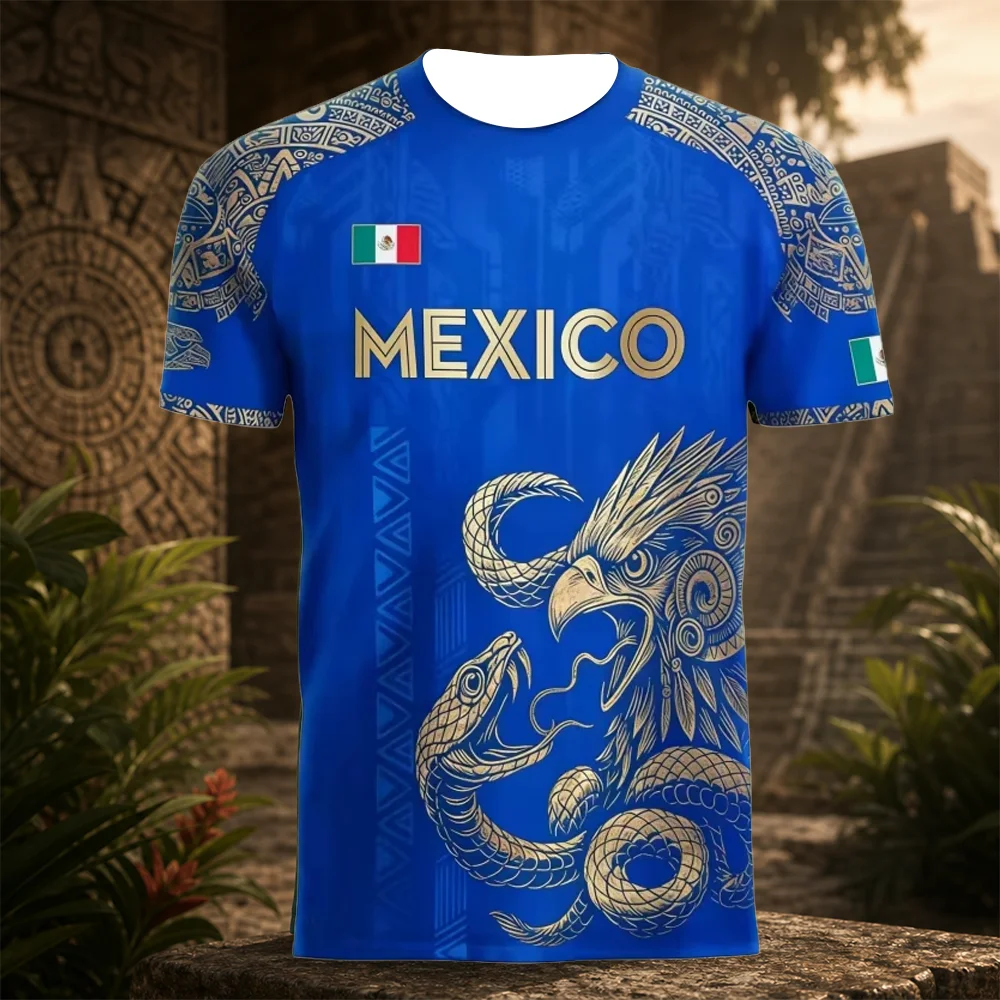 Mexican Flag Printed Breathable T-shirt Men's Women's 3D Eagle Pattern Short Sleeve Outdoor Sports Fun Children's T-shirt