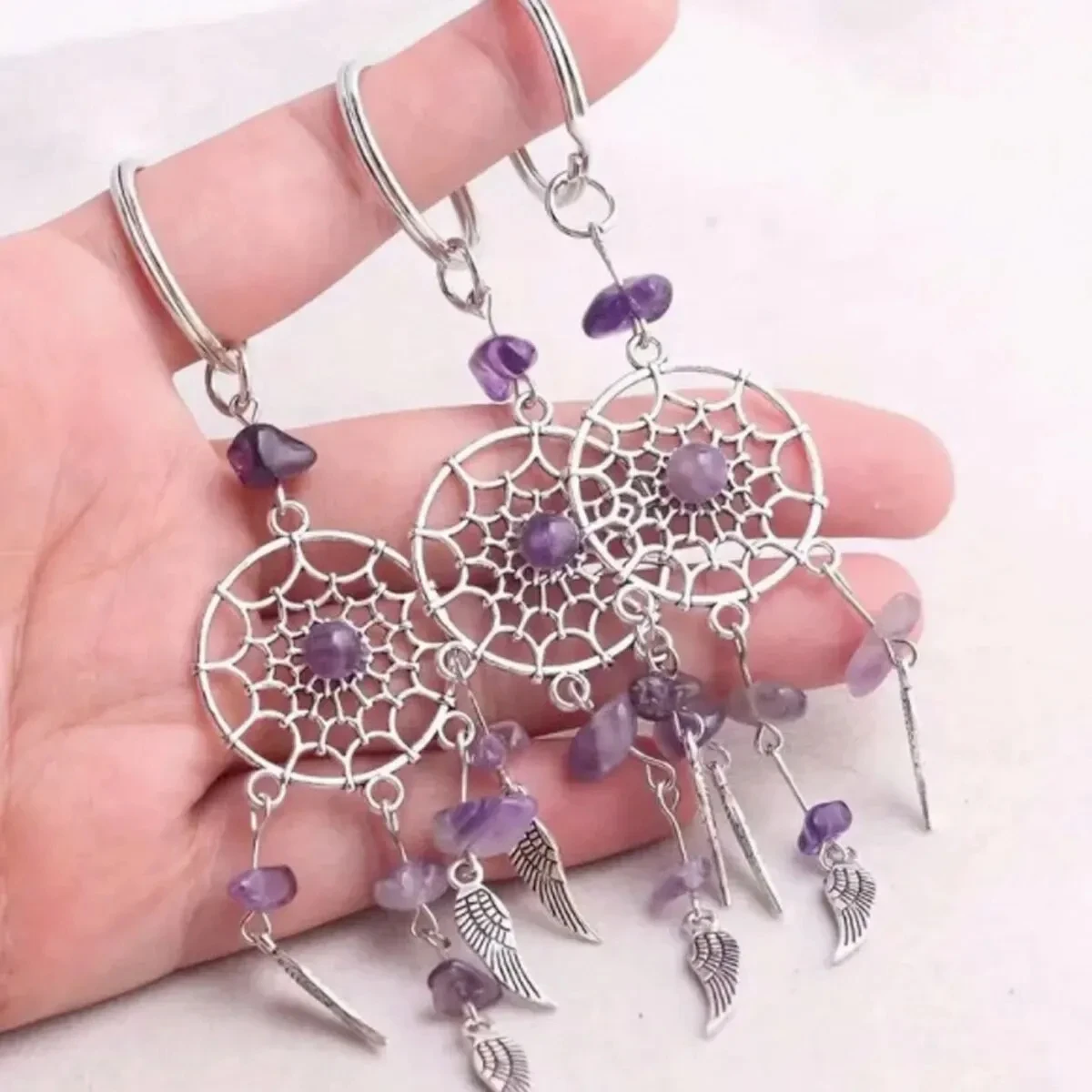 3 Pcs Minimalist And Personalized Natural Crystal Gravel Dream Catcher Life Tree Wings Keychain Pendant Gift Accessory