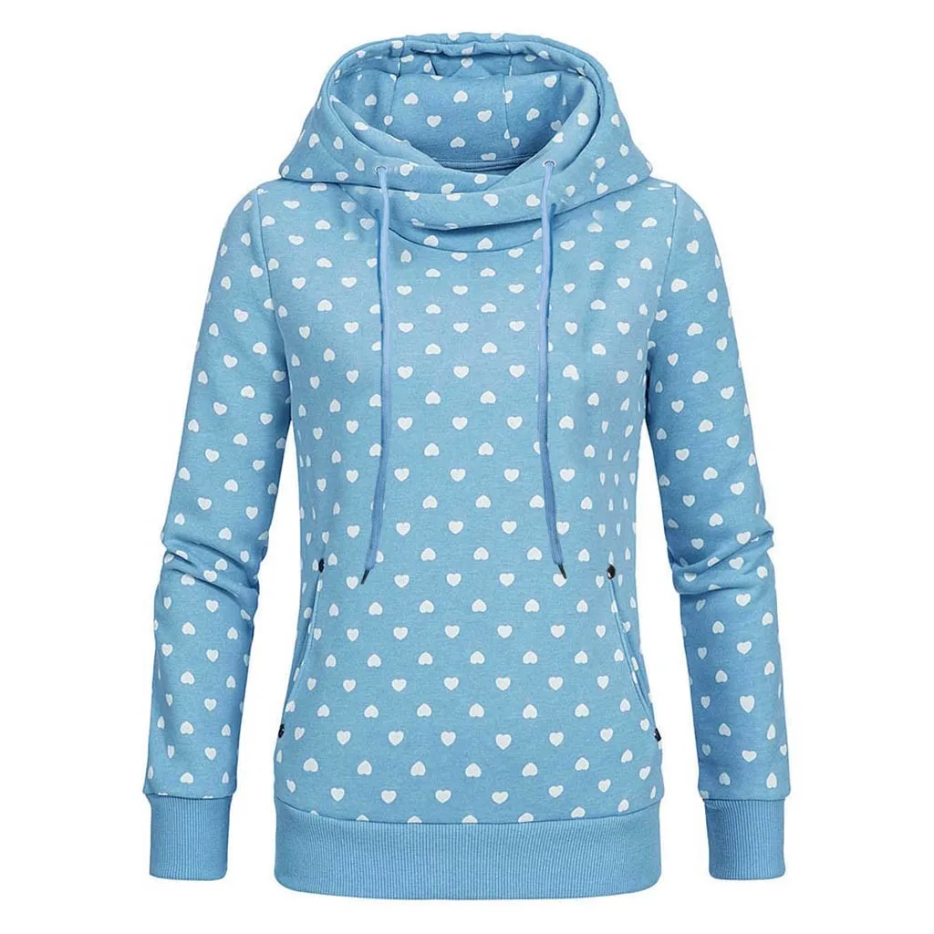 Heart Print Hoodies Woman Spring Fall Pullover Mint Green Sweatshirts Long Sleeve Cotton Pullover Hoodie