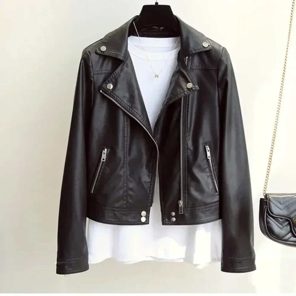 2024 New Spring Autumn Motorcycle Faux Soft Leather Jacket Women Streetwear Zipper Short Pu Coat Female Slim Black Outwear