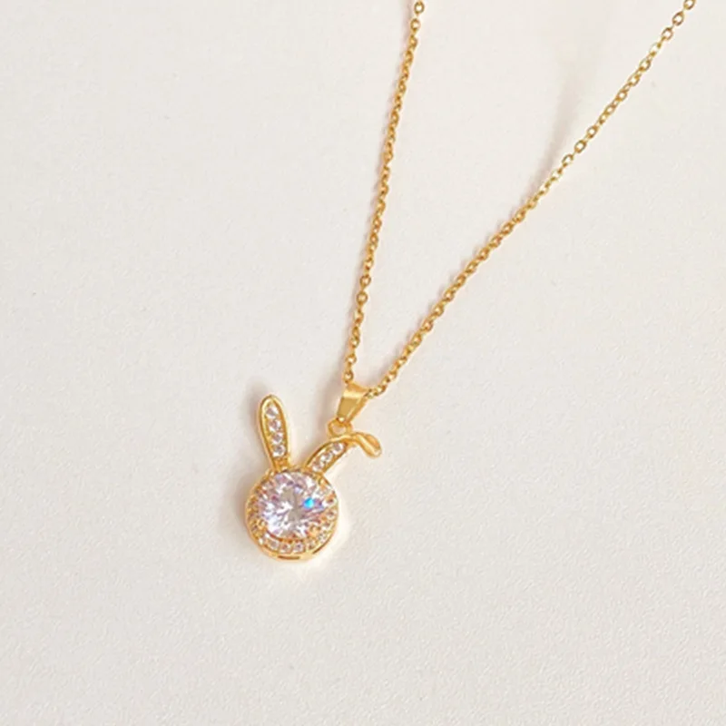 Cute Cartoon Zircon Rabbit Pendant Necklace for Women Childlike Lop Ear Rabbit Crystal Animal Clavicle Chain Versatile Gift