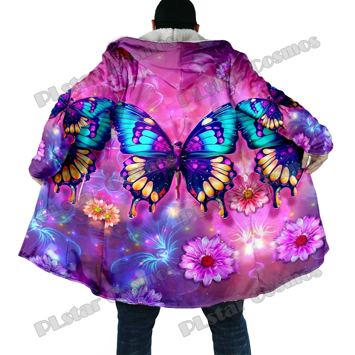 Borboleta e flores masculinas estampadas de lã grossa com capuz, casaco de capa quente casual unissex, 3D todo, moda inverno, DP42