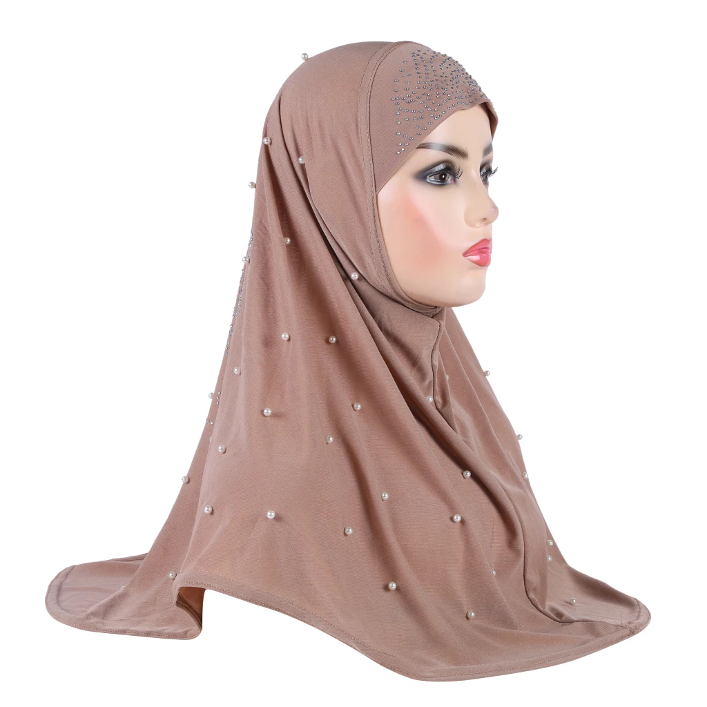 H016 Beautiful adults medium size muslim hijab with handmade beads islamic scarf shawl headscarf hat armia pull on wrap