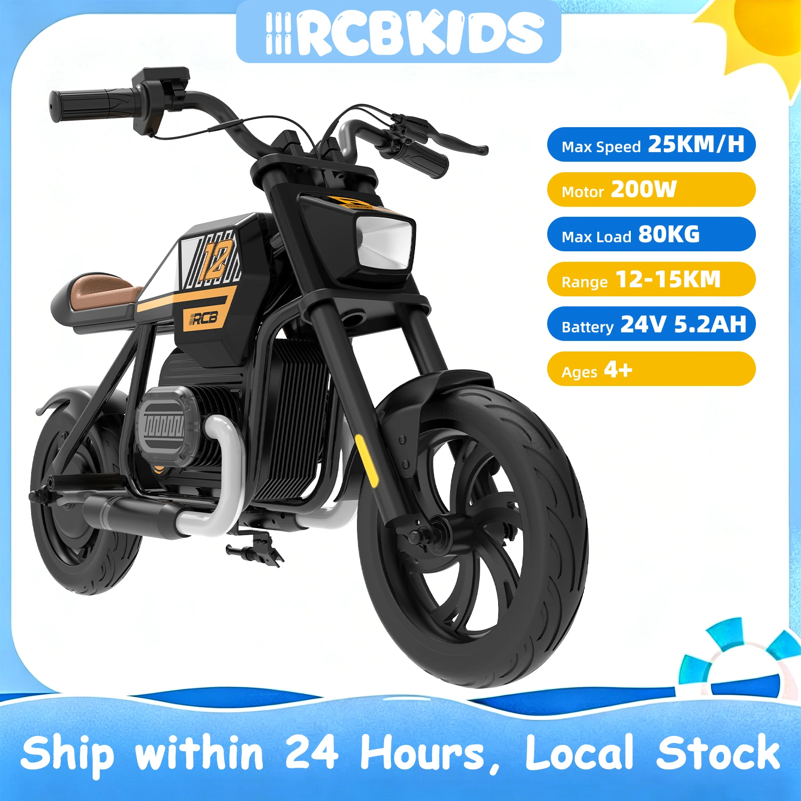 RCB KIDS Elektrisches Kinder Motorrad R9, 200W 24V Wiederaufladbar, 3 Geschwindigkeiten Einstellbar, Bluetooth Musik LED Licht, Tragfähig 80kg, Outdoor Spielzeug für Kinder ab 6 Jahren