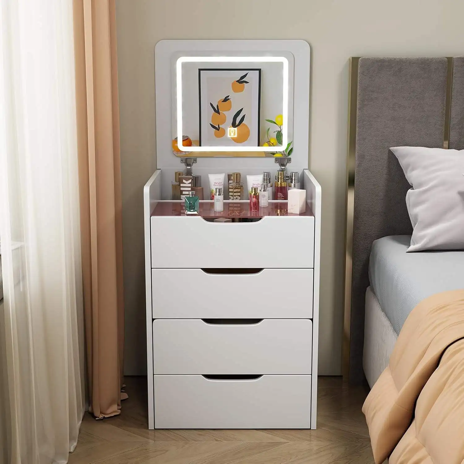 

✗x 3-Drawer Makeup Vanity Desk with LED Lighted Mirror Flip Adjustment Dressing Table Stool for Bedroom^