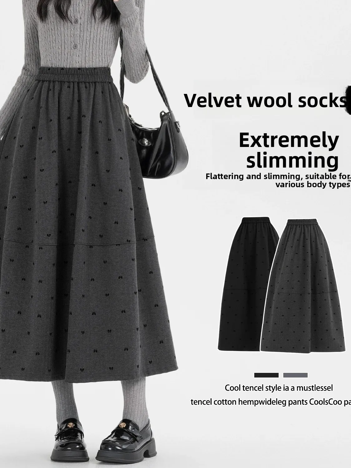 Korean Style Polka Dot Skirt with Bow Tie Midi Length Woolen Skirt plus Size Elastic Waist A-Line Skirt for Women