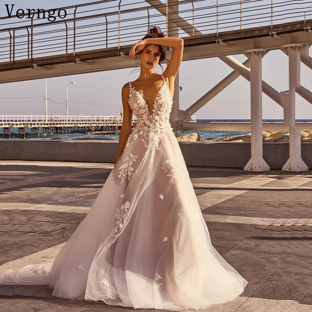 

Verngo Appliques Tulle Wedding Dress Spaghetti Straps A Line Sexy Deep V Neck Bride Gown V Back Timeless Bridal Dress Customized