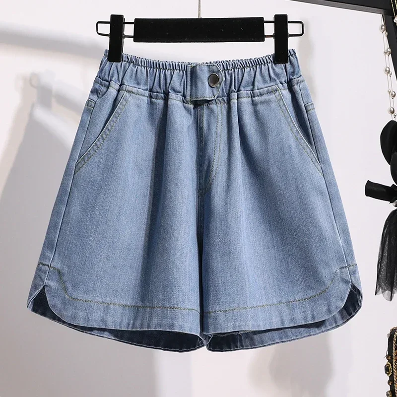 

Pop Y2k Denim Shorts For Women High Waist Blue Wide Leg Thin Jeans Summer Casual Elastic Waist Loose Shorts Hot Pants S-5XL