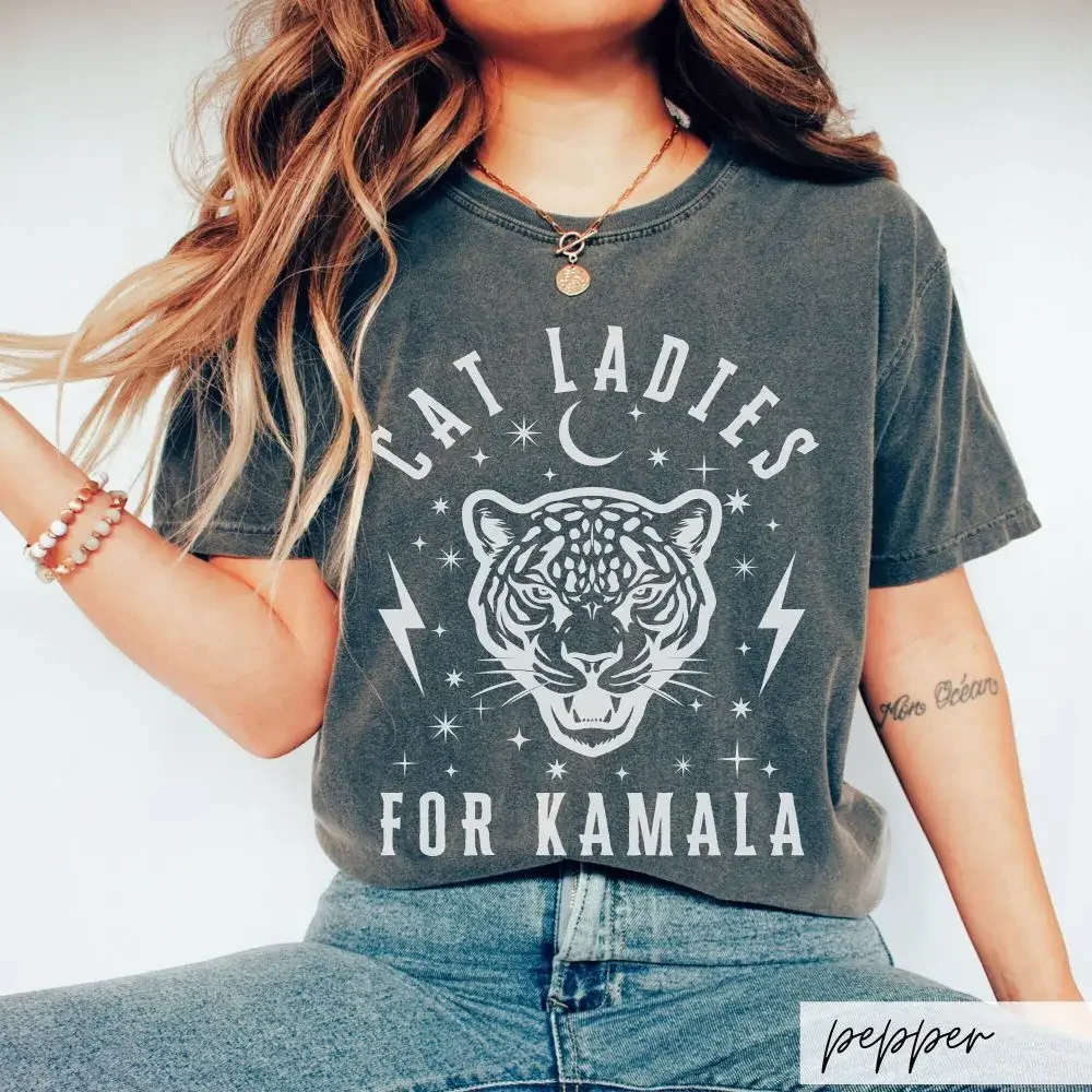 Cat Ladies for Kamala Shirt Celestial Jaguar Lightning Bolts Kamala Harris Election TShirt 100%Cotton Shirt For Unisex Y2K Tee