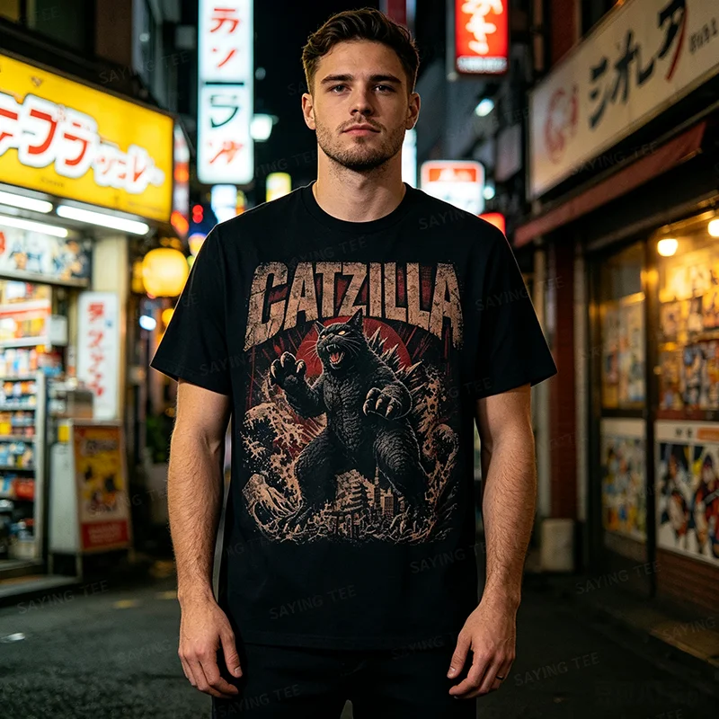 Lustiges Catzilla T-Shirt Japanische Kunst Katzenliebhaber Vintage Katzen-T-Shirt Y2k Cartoon Kitty Grafik Kleidung Humor Persönlichkeit Weiche Baumwolle – Detail 3