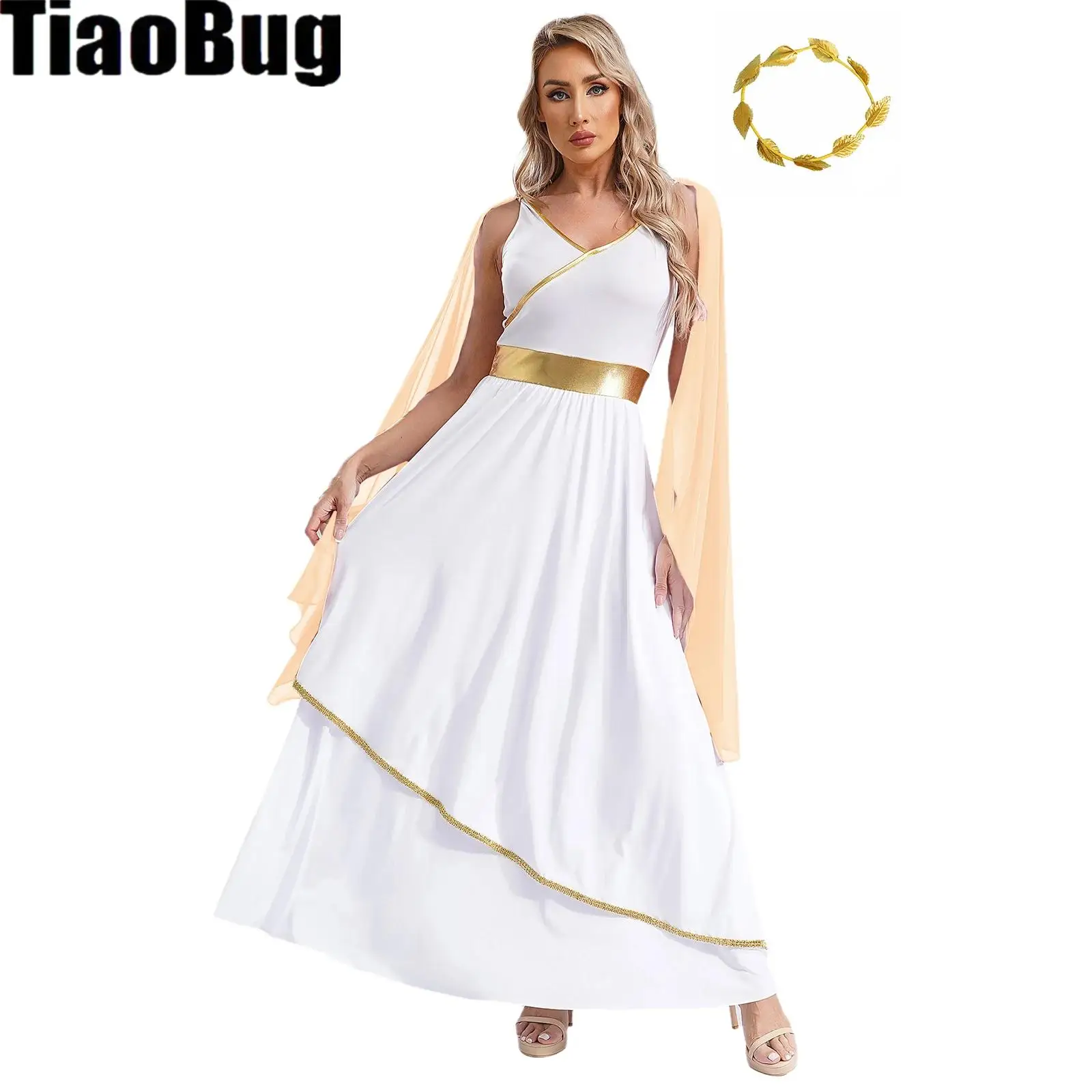

Womens Ancient Greek Roman Queen Costumes Gold Trims Toga Dress with Artificial Leaf Halloween Sleeveless Garland Headwear