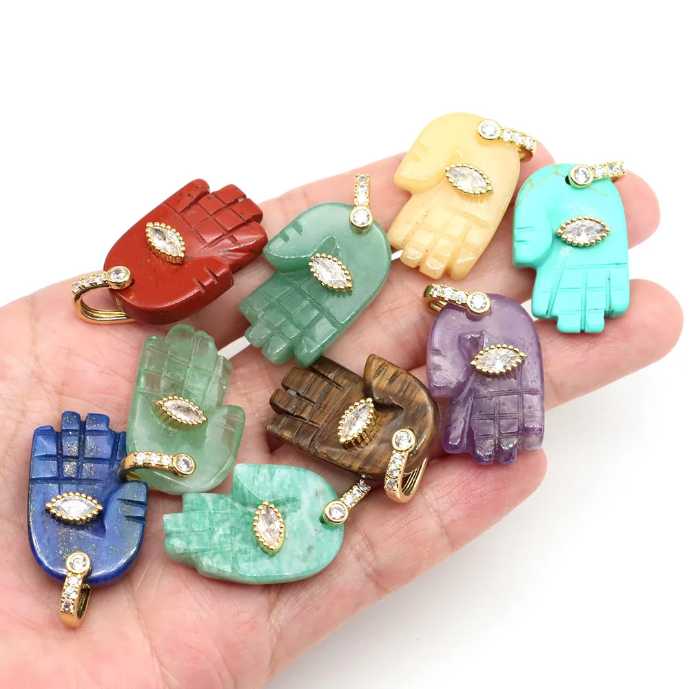 Natural Stone Fatima Hamsa Hand Pendant Inlaid Zircon Evil Eye Charms Crystals for DIY Necklace Jewlery Making