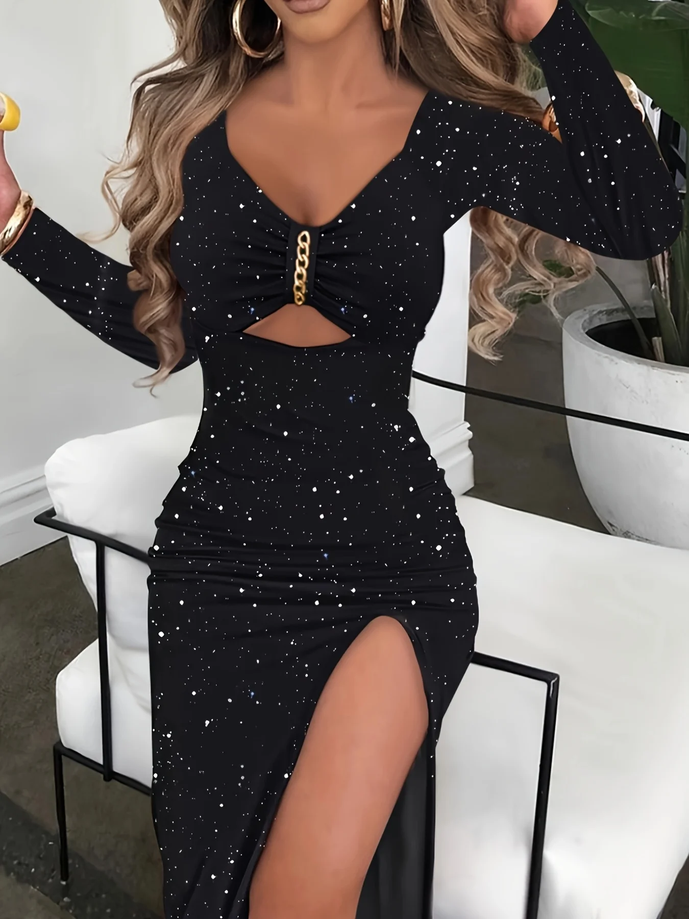 موضة جديدة مثير المرأة حفلة عطلة تنوعا سليم الجانب الشق مساء فستان الخريف الشتاء كم طويل الترتر ثوب