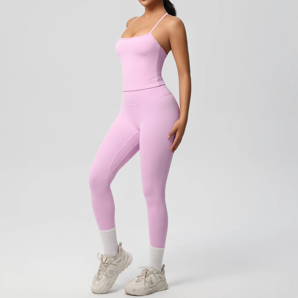 Hochelastisches, sexy, rückenfreies Yoga-Oberteil und -Hose, stoßdämpfendes Lauf-Yoga-Tanktop, einfarbige, schnell trocknende Yoga-Leggings – Detail 33