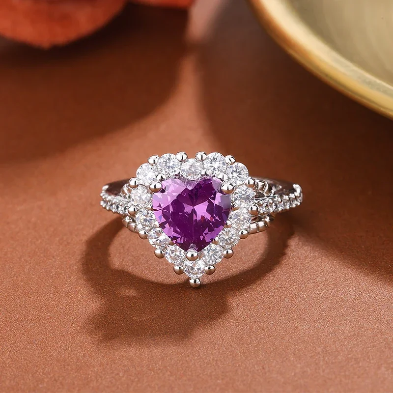 

925 Silver Plated Stylish Purple Heart Ring With Sparkling Zircon Adjustable Band Jewelry For Women Dainty Love Gift