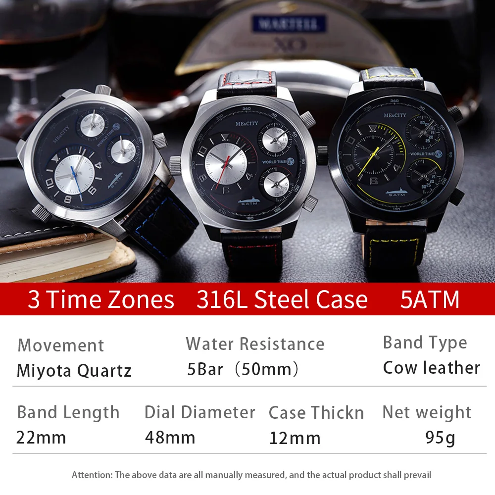 Unique Creative Men Watch 3 Time Zones Top Brand Luxury Waterproof Sport Mens Watches Military Wristwatch Relogio Masculino