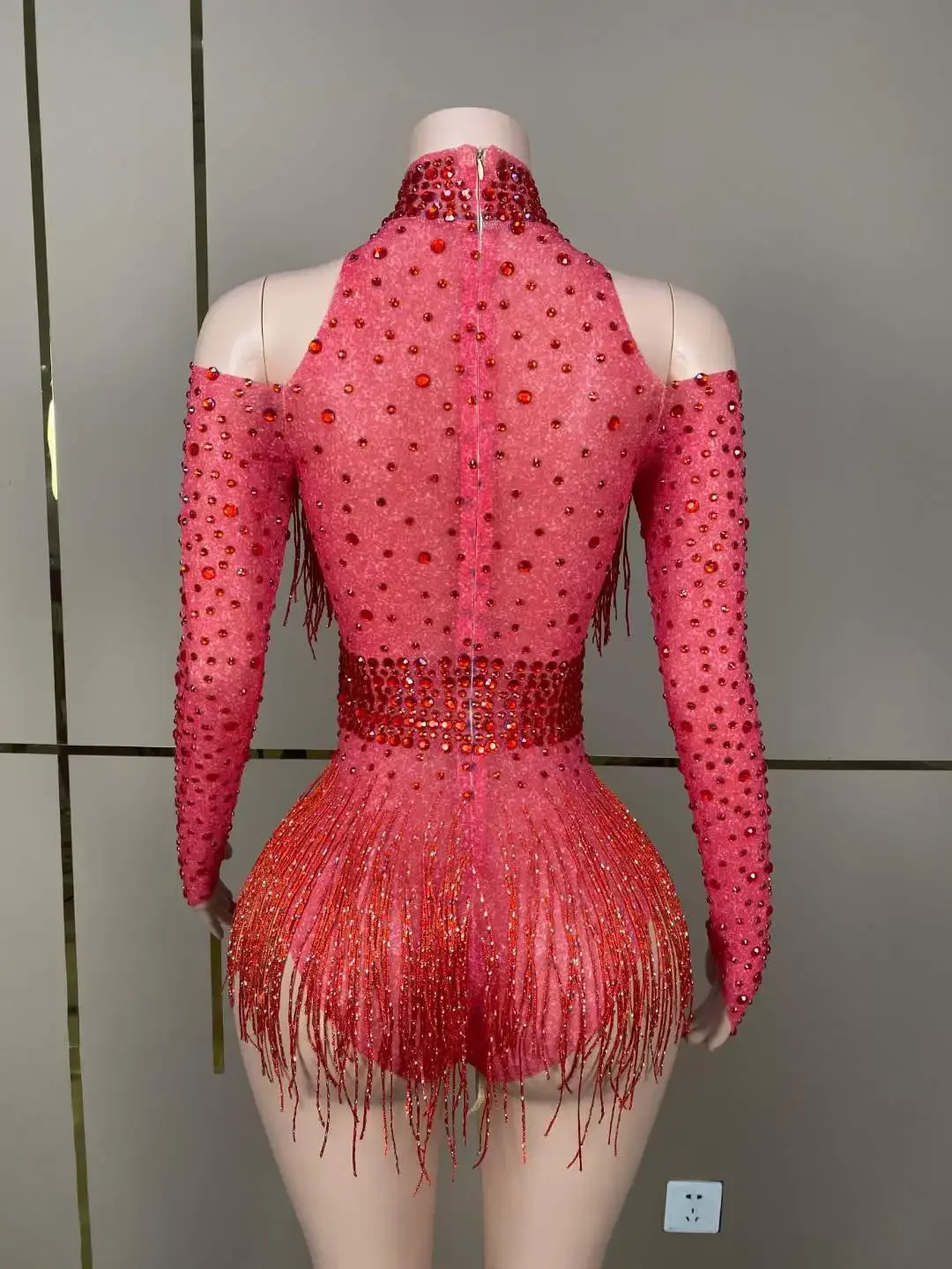 Sexy Women Fringe Rhinestone Stunning Bodysuits Long Sleeve Shinning Body Suits Latin Jazz Dance Drag Queen Costume Photography