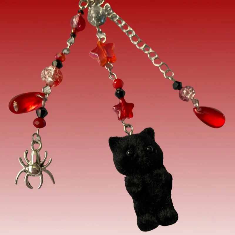 Handmade the flocked cat keychain | kawaii, bag charm, , pastel, fairycore, cute, Y2k, key charm, gothic, emo, horror