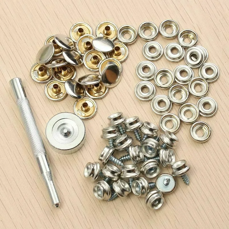 62X الفولاذ المقاوم للصدأ 15 مللي متر أزرار خاطفة السحابة عدة دعوى قماش ل المسمار الصحافة بوبرس قارب المظلة مسامير يستقر مع أداة