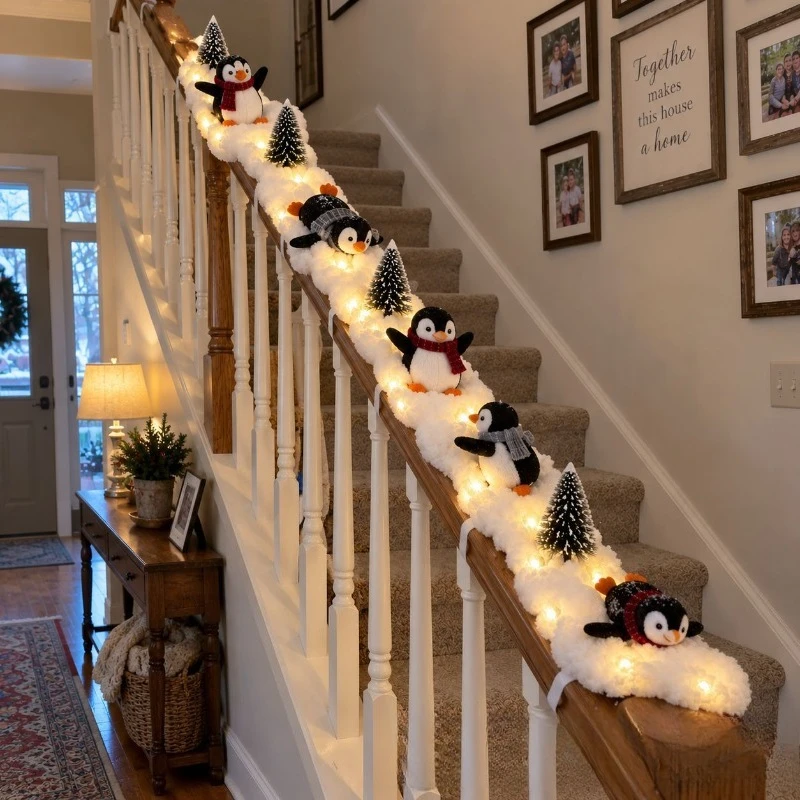 Penguin Xmas Stair Snow Scene Ornament, Winter Holiday Art Decor for Indoor Stair Railing Display