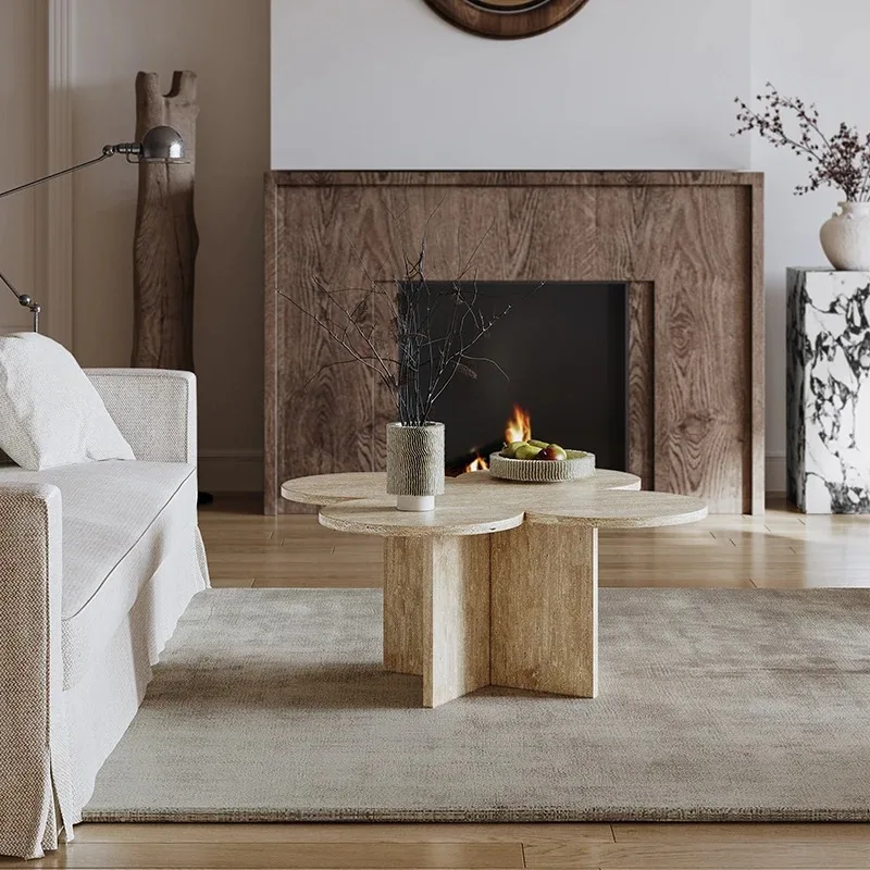 

#Travertine Coffee Tea Table Set Modern Minimalist Wooden Side Tables For Small Living Spaces Vintage Creative