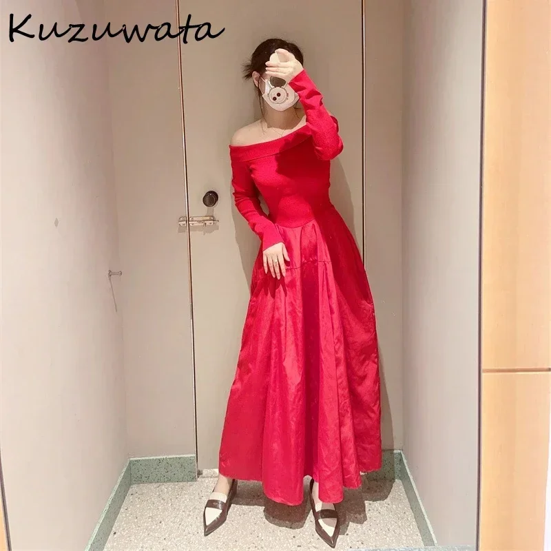 Kuzuwata Slash Neck Long Sleeve Sweet Dress Elegant Slim Fit Patchwork Zip Pullover Vestidos Japan Knit Ball Gown Femme Robe