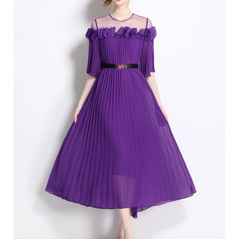 French Patchwork Three-dimensional Flower Sweet Mesh Spliced Chiffon Dress Women Summer Waist Cinching Pleated Chiffon Dresses