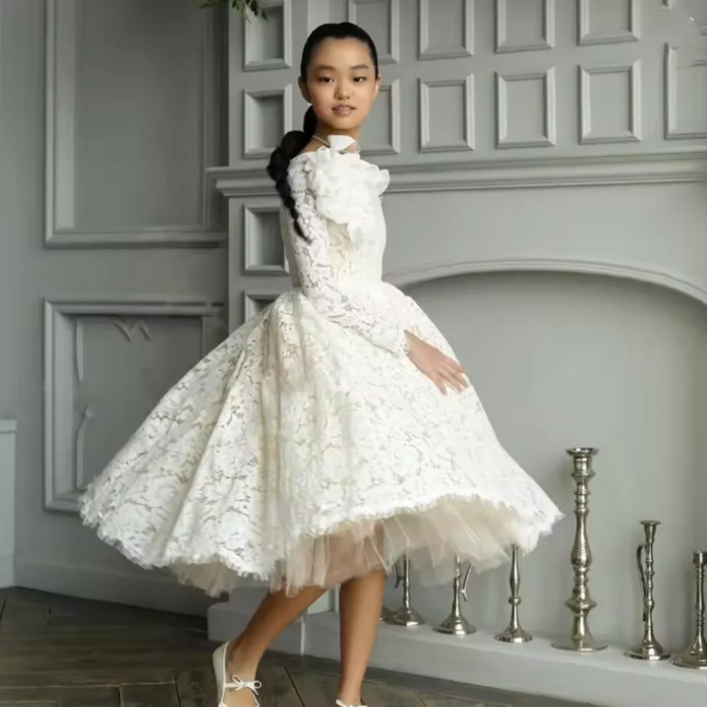 

Lilac Girl Dress One Shoulder Flowers Champagne Princess Children Wedding Birthday Party Long Sleeve Ball Gown