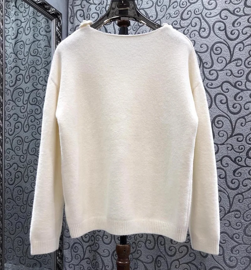 High Quality Sweaters & Pullovers 2024 Autumn Winter Jumper Women V-Neck Rose Flower Deco Long Sleeve Grey Beige Knitted Jumpers