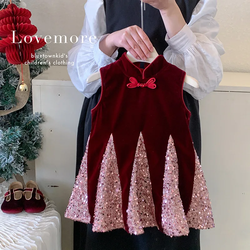 

Girls Chinese Style Winter Dress New Autumn and Winter Sleeveless Plus Velvet Chinese Style Sequin Dress