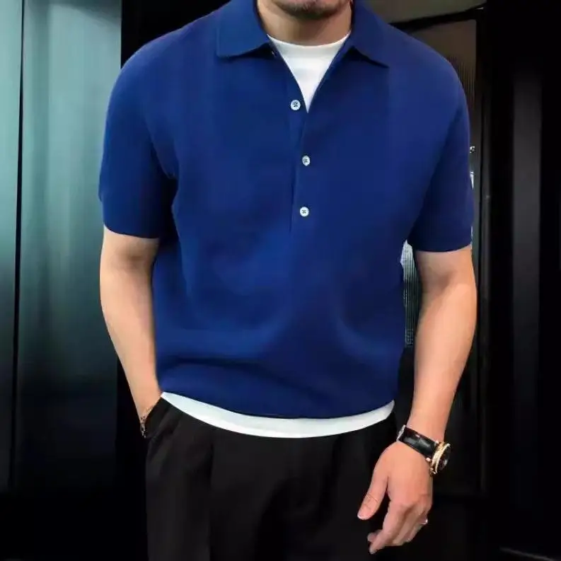 

Summer New Pure Color Shirt Simple Style Slim Fit Short Sleeve Knitted Top Turn-down Collar Trendy Thin Material P...