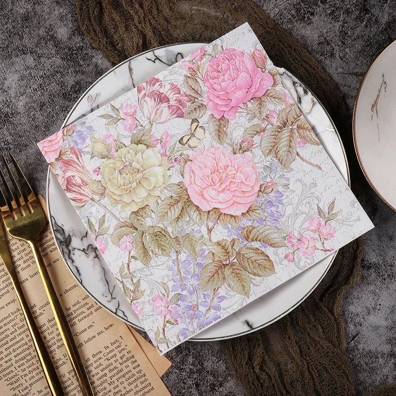 20pcs/Pac 33cm 2Ply Colorful Printed Napkin Pink Flower Square Butterfly Valley Bart Paper Wedding Pure Wood Pulp Paper Placemat