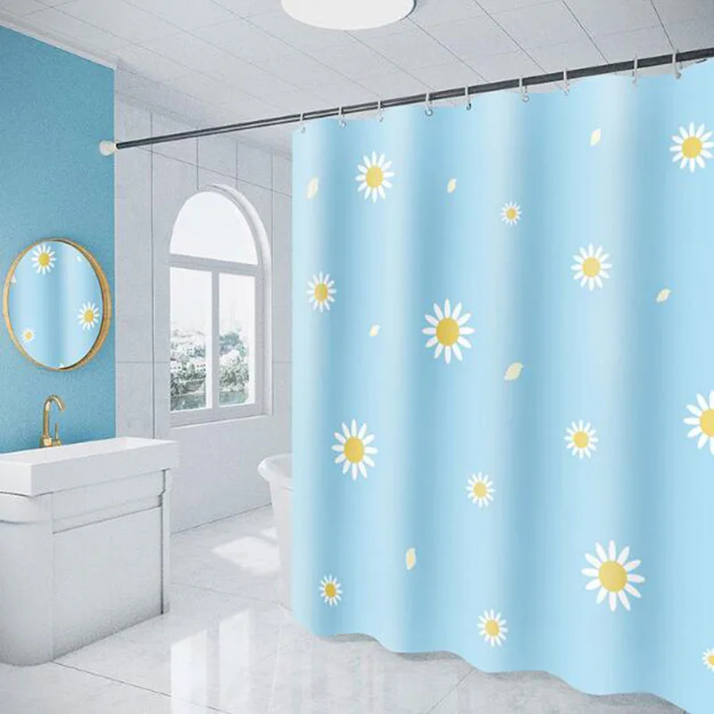 Modern Simplicity Style Chrysanthemum Flower Pattern Shower Curtain Thicken Waterproof Mildew-Proof Bath Curtain Bathroom Decor